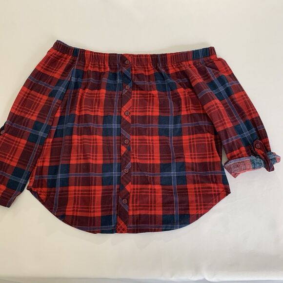 Ambiance Off Shoulder Top Women S Red Navy Plaid Roll Tab July Holiday Western - Picture 2 of 8
